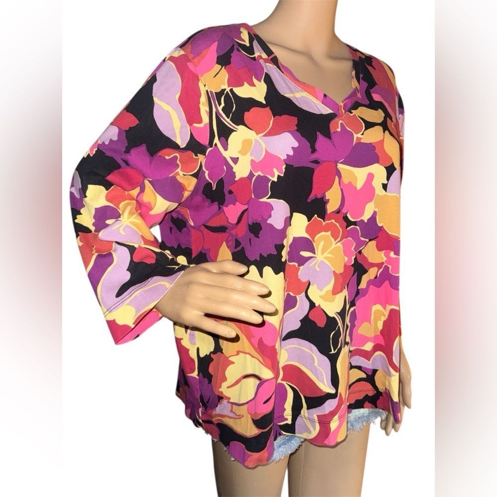 Chico's Pink, Yellow Black Red Yellow Floral V‑Neck Long Sleeve Top - Picture 4 of 7